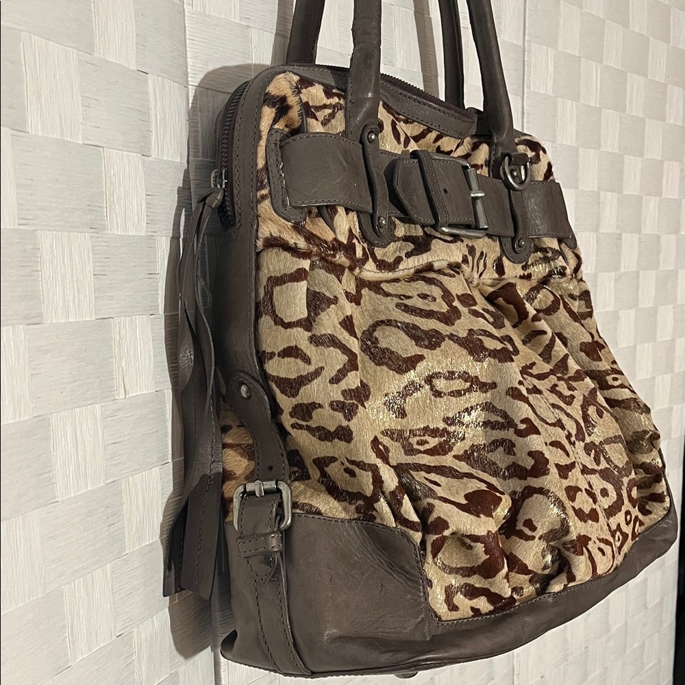 Leopard Print Leather Shoulder Bag with Dark Taupe  Accents
